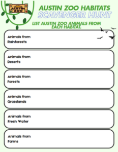 Austin Zoo Habitats Scavenger hunt